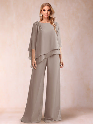 Chiffon Scoop 3/4 Sleeves 2 Pieces Ruched Pantsuits with Rhinestone