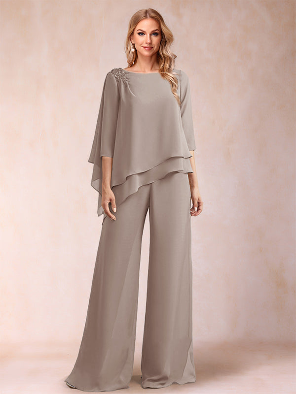 Chiffon Scoop 3/4 Sleeves 2 Pieces Ruched Pantsuits with Rhinestone