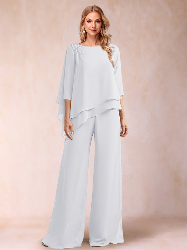Chiffon Scoop 3/4 Sleeves 2 Pieces Ruched Pantsuits with Rhinestone