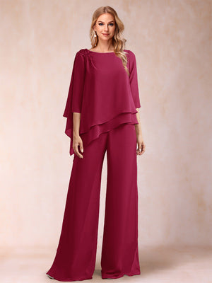 Chiffon Scoop 3/4 Sleeves 2 Pieces Ruched Pantsuits with Rhinestone