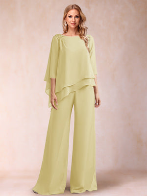 Chiffon Scoop 3/4 Sleeves 2 Pieces Ruched Pantsuits with Rhinestone