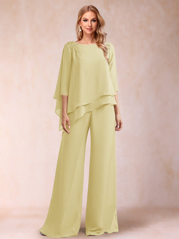 Chiffon Scoop 3/4 Sleeves 2 Pieces Ruched Pantsuits with Rhinestone
