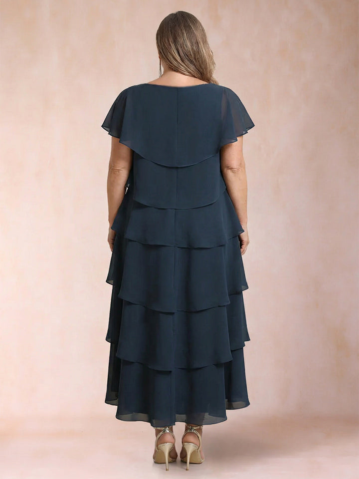 A-Line/Princess Scoop Short Sleeves Plus Size Mother of the Bride Dresses with Ruffles