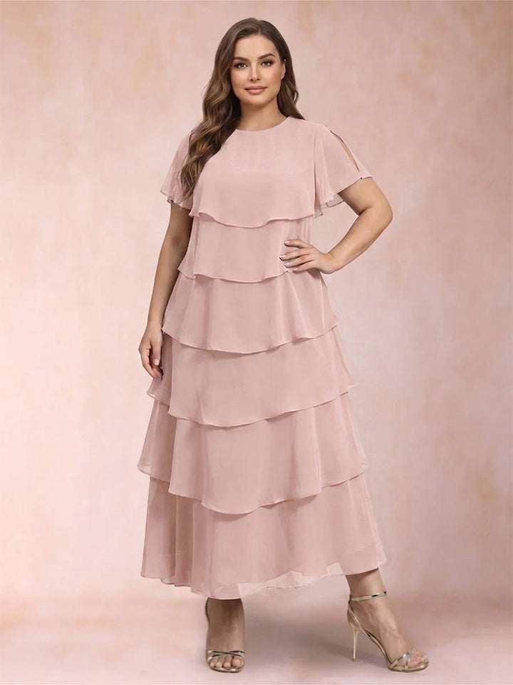 A-Line/Princess Scoop Short Sleeves Plus Size Mother of the Bride Dresses with Ruffles