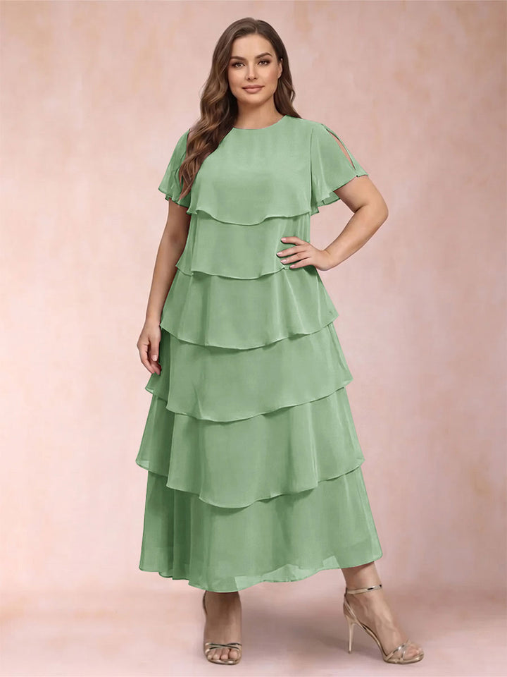 A-Line/Princess Scoop Short Sleeves Plus Size Mother of the Bride Dresses with Ruffles