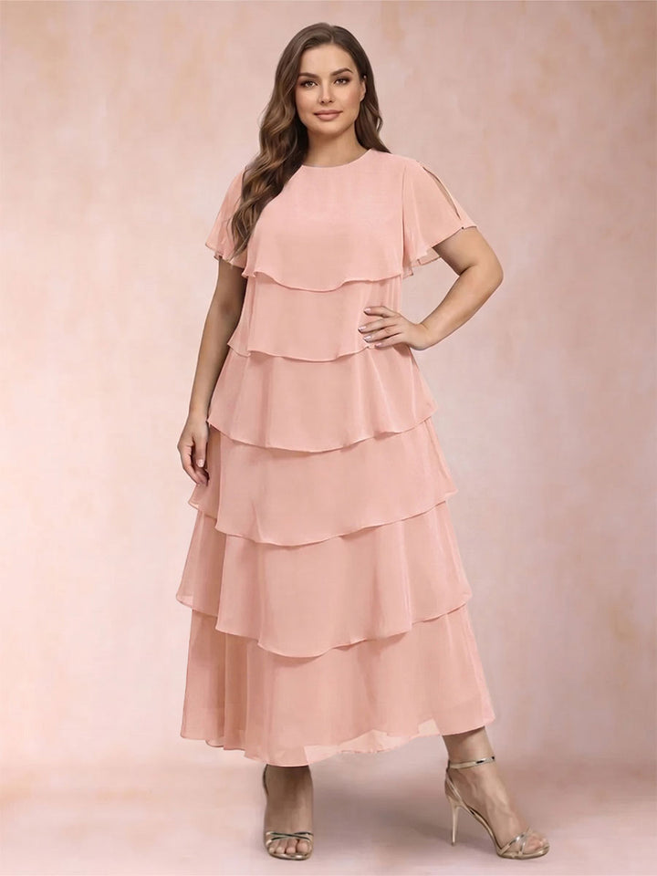 A-Line/Princess Scoop Short Sleeves Plus Size Mother of the Bride Dresses with Ruffles