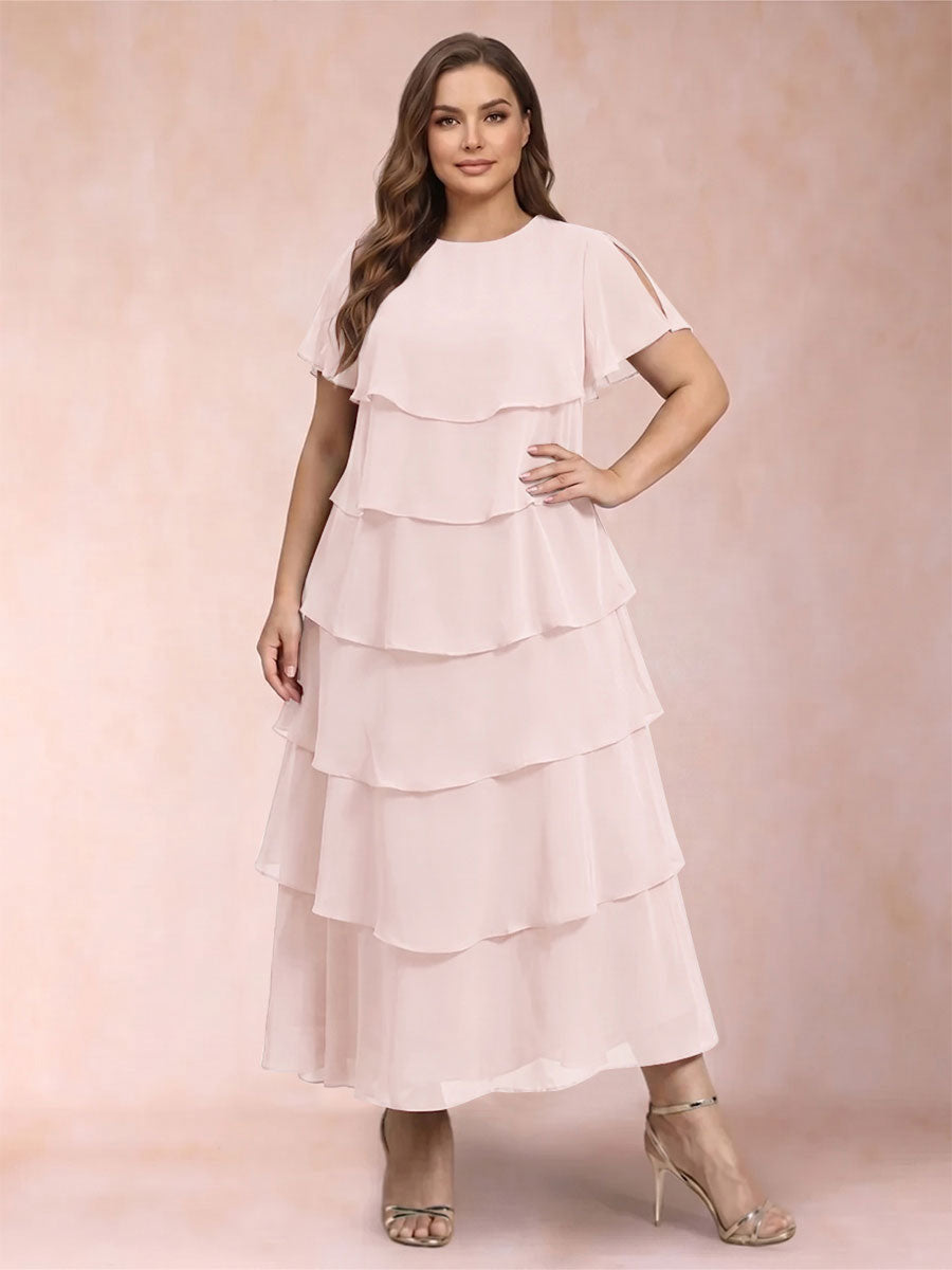 A-Line/Princess Scoop Short Sleeves Plus Size Mother of the Bride Dresses with Ruffles
