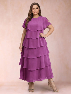 A-Line/Princess Scoop Short Sleeves Plus Size Mother of the Bride Dresses with Ruffles