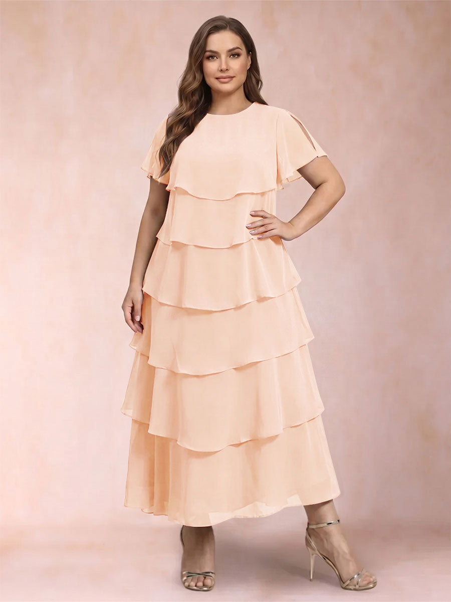A-Line/Princess Scoop Short Sleeves Plus Size Mother of the Bride Dresses with Ruffles