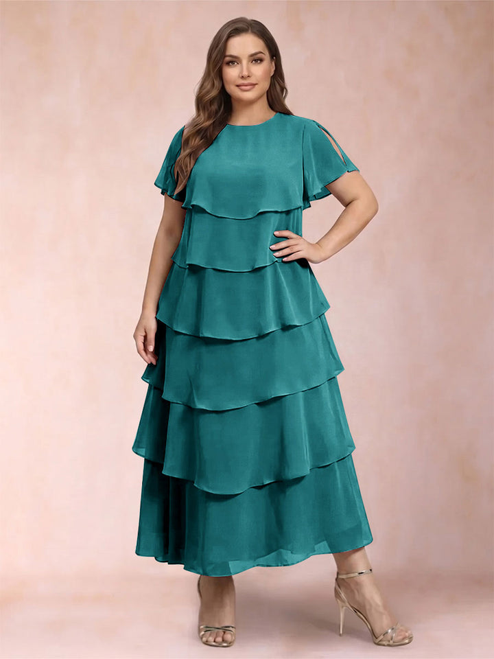 A-Line/Princess Scoop Short Sleeves Plus Size Mother of the Bride Dresses with Ruffles
