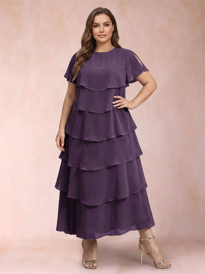 A-Line/Princess Scoop Short Sleeves Plus Size Mother of the Bride Dresses with Ruffles