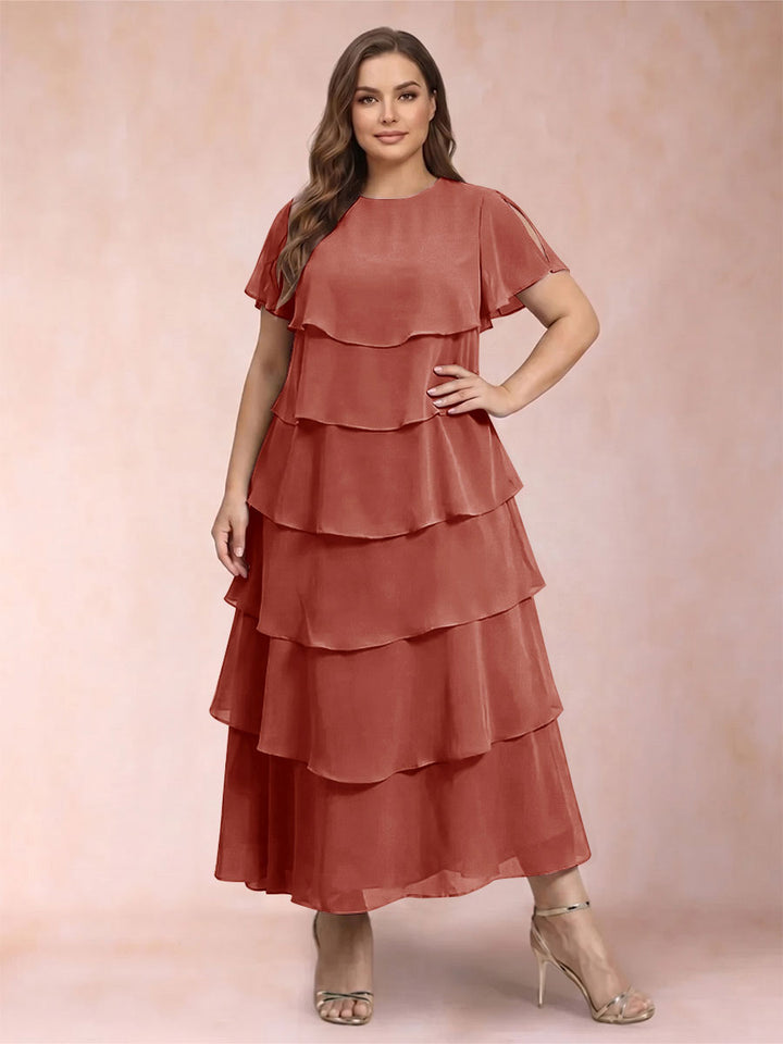 A-Line/Princess Scoop Short Sleeves Plus Size Mother of the Bride Dresses with Ruffles