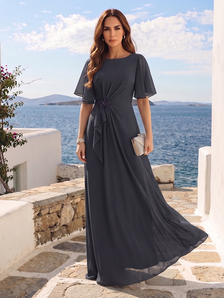 A-Line/Princess Scoop Black Chiffon Mother of the Bride Dresses with Appliques &amp; Ruffles
