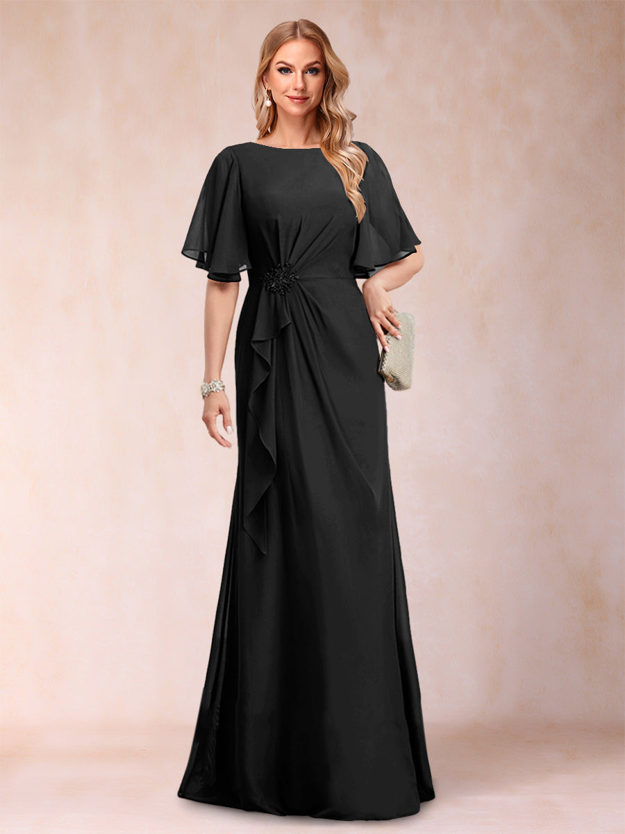 A-Line/Princess Scoop Black Chiffon Mother of the Bride Dresses with Appliques &amp; Ruffles