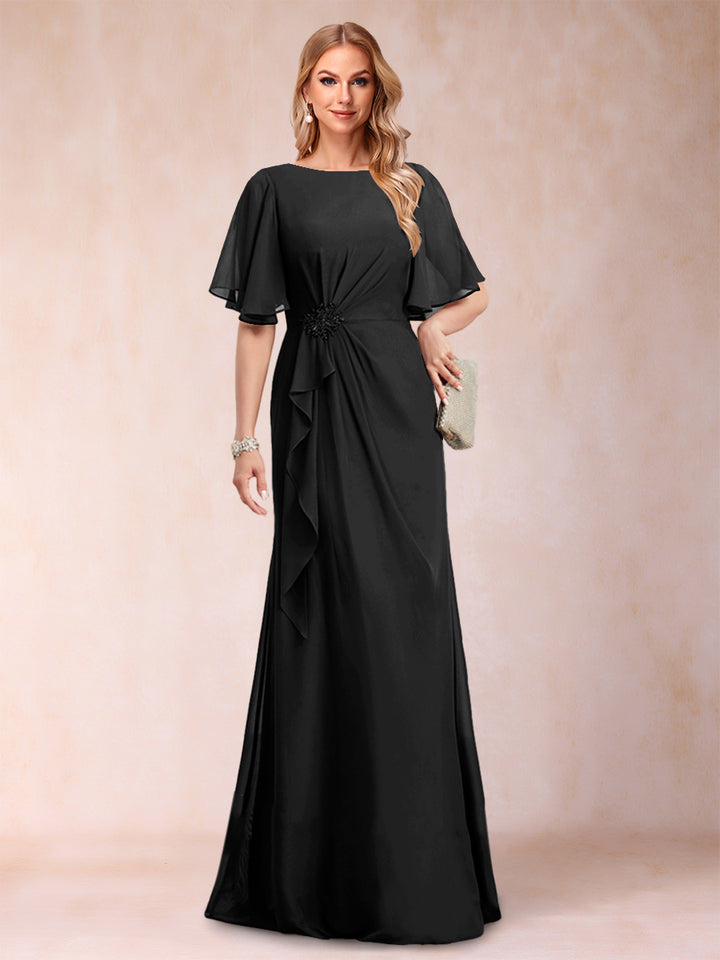 A-Line/Princess Scoop Black Chiffon Mother of the Bride Dresses with Appliques &amp; Ruffles
