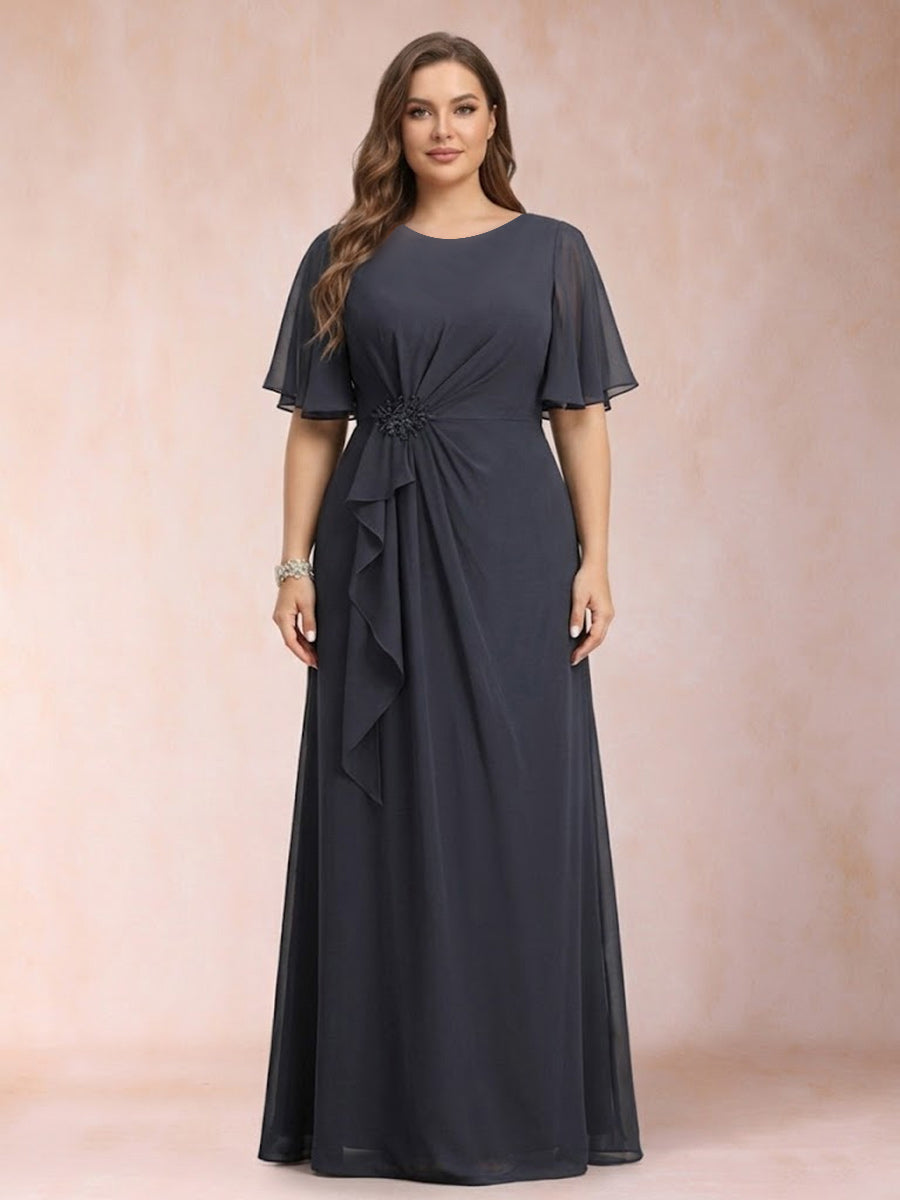 Plus Size Mother of the Groom Dresses Chiffon A-Line Scoop Half Sleeves Long Formal Wedding Guest Gowns with Appliques & Ruffles