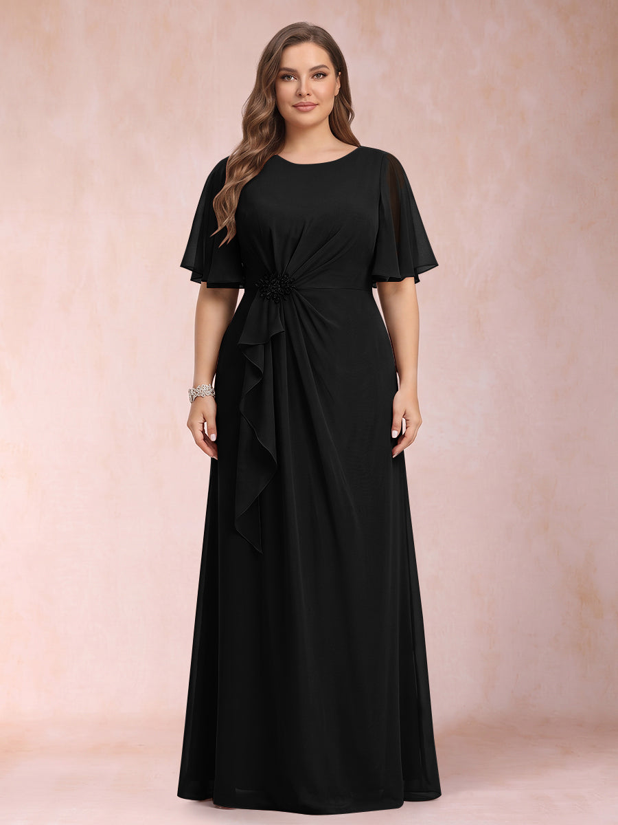 A-Line/Princess Scoop Black Chiffon Plus Size Mother of the Bride Dresses with Appliques &amp; Ruffles