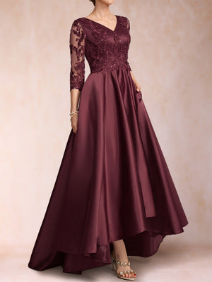 A-Line/Princess V-Neck 3/4 Sleeves Asymmetrical Mother of the Bride Dresses with Appliques