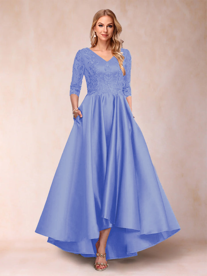 A-Line/Princess V-Neck 3/4 Sleeves Asymmetrical Mother of the Bride Dresses with Appliques