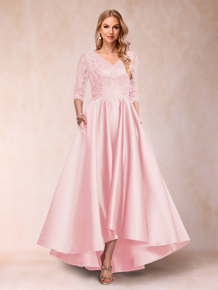 A-Line/Princess V-Neck 3/4 Sleeves Asymmetrical Mother of the Bride Dresses with Appliques