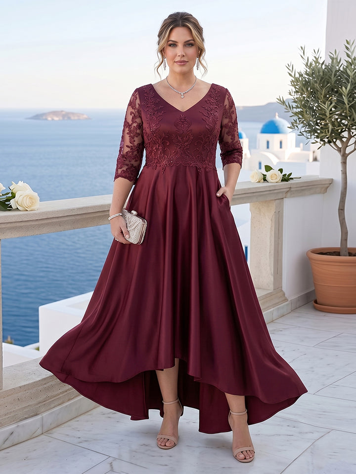 A-Line/Princess V-Neck 3/4 Sleeves Asymmetrical Plus Size Mother of the Bride Dresses with Appliques