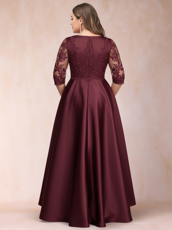 A-Line/Princess V-Neck 3/4 Sleeves Asymmetrical Plus Size Mother of the Bride Dresses with Appliques
