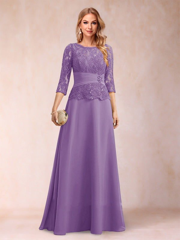 Sparkly A-Line/Princess Scoop Ruched Mother of the Bride Dresses with Appliques & Rhinestone