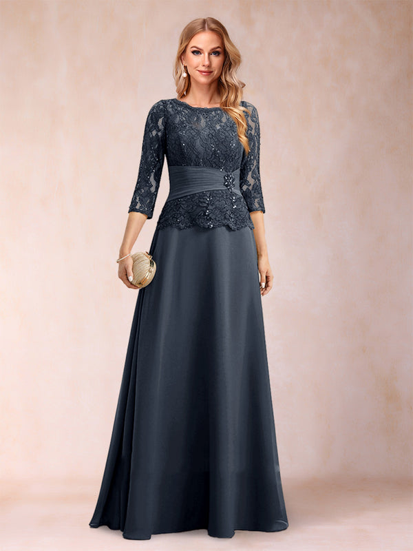 Sparkly A-Line/Princess Scoop Ruched Mother of the Bride Dresses with Appliques & Rhinestone