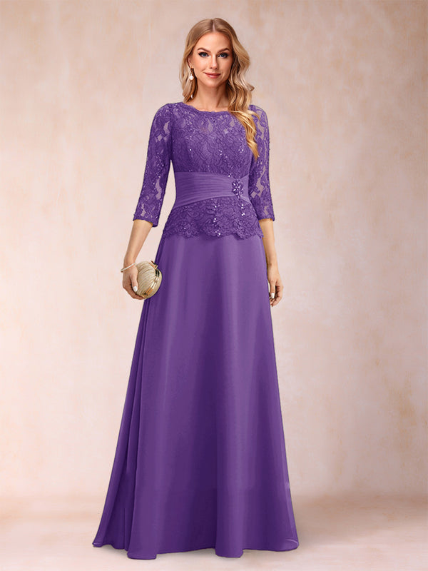 Sparkly A-Line/Princess Scoop Ruched Mother of the Bride Dresses with Appliques & Rhinestone