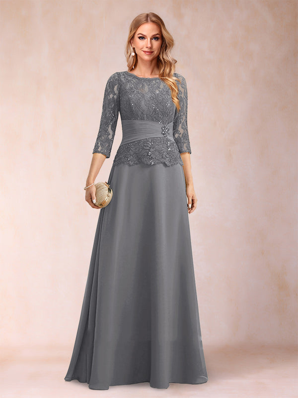 Sparkly A-Line/Princess Scoop Ruched Mother of the Bride Dresses with Appliques & Rhinestone