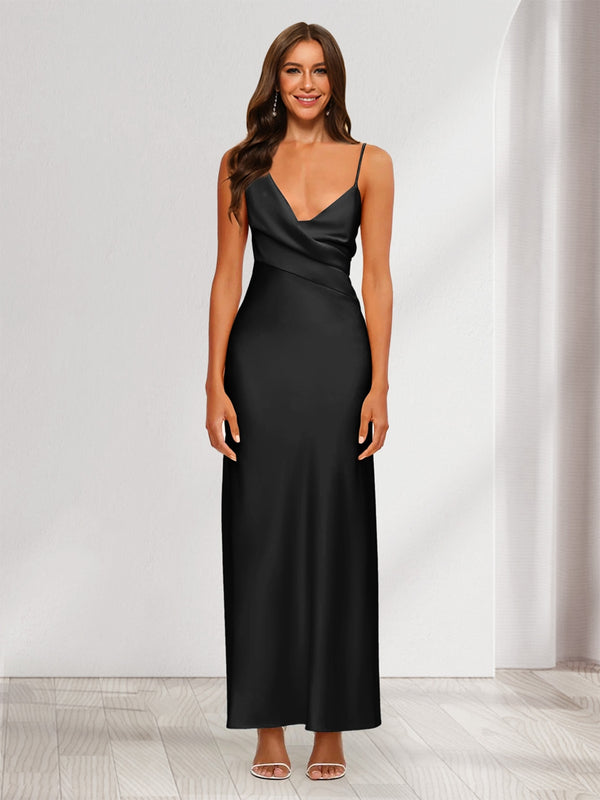 Sheath/Column V-Neck Ruched Ankle-Length Satin Evening Dresses