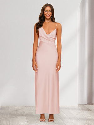 Sheath/Column V-Neck Ruched Ankle-Length Satin Evening Dresses
