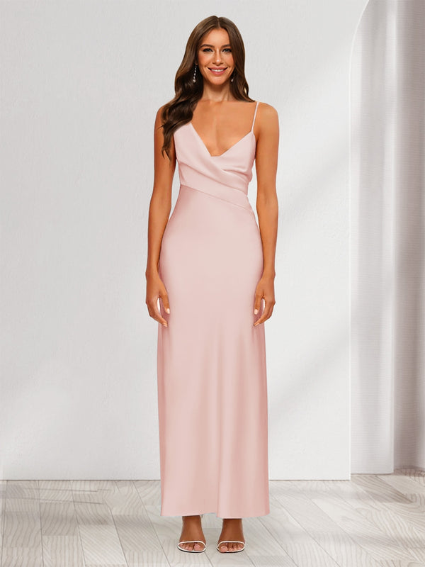 Sheath/Column V-Neck Ruched Ankle-Length Satin Evening Dresses