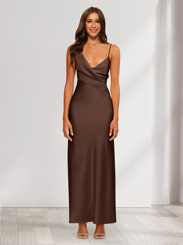 Sheath/Column V-Neck Ruched Ankle-Length Satin Evening Dresses