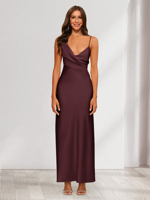 Sheath/Column V-Neck Ruched Ankle-Length Satin Evening Dresses