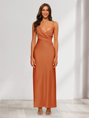 Sheath/Column V-Neck Ruched Ankle-Length Satin Evening Dresses