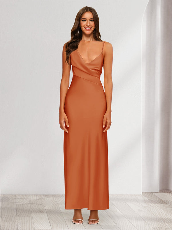 Sheath/Column V-Neck Ruched Ankle-Length Satin Evening Dresses