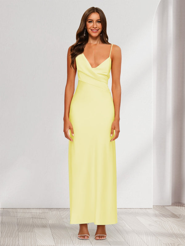 Sheath/Column V-Neck Ruched Ankle-Length Satin Evening Dresses