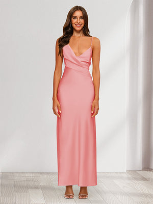 Sheath/Column V-Neck Ruched Ankle-Length Satin Evening Dresses