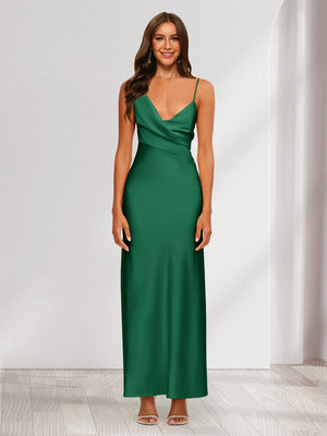 Sheath/Column V-Neck Ruched Ankle-Length Satin Evening Dresses