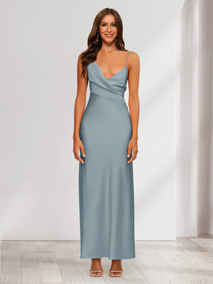 Sheath/Column V-Neck Ruched Ankle-Length Satin Evening Dresses