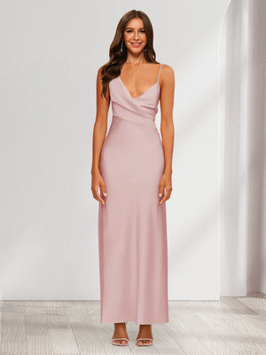 Sheath/Column V-Neck Ruched Ankle-Length Satin Evening Dresses