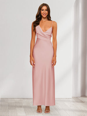 Sheath/Column V-Neck Ruched Ankle-Length Satin Evening Dresses