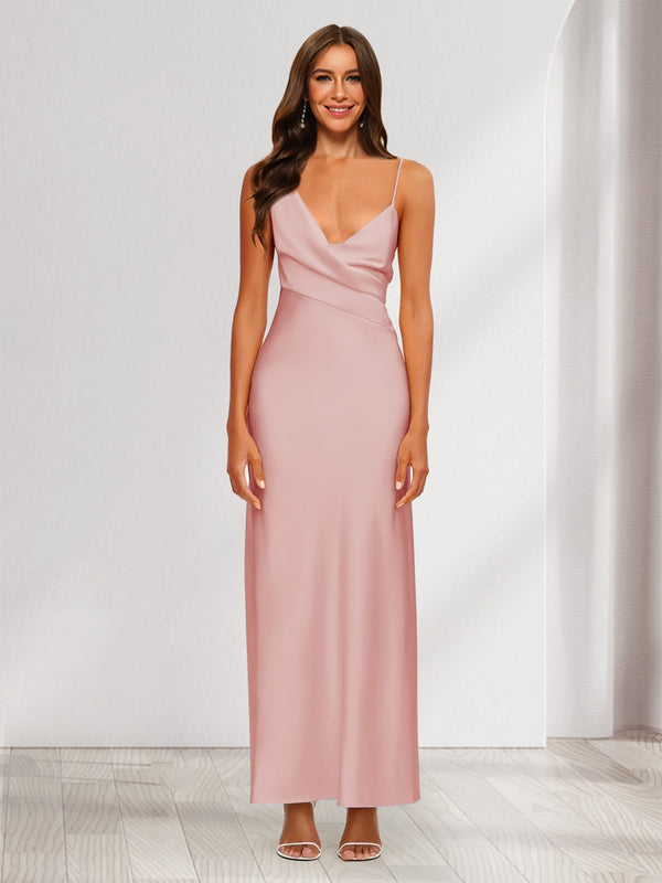 Sheath/Column V-Neck Ruched Ankle-Length Satin Evening Dresses