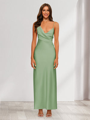 Sheath/Column V-Neck Ruched Ankle-Length Satin Evening Dresses