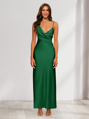 Sheath/Column V-Neck Ruched Ankle-Length Satin Evening Dresses