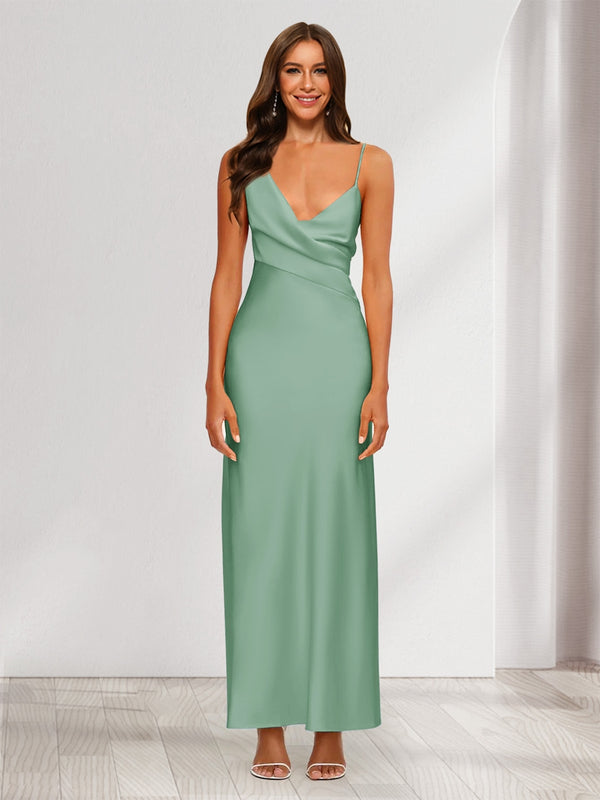 Sheath/Column V-Neck Ruched Ankle-Length Satin Evening Dresses