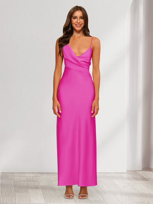 Sheath/Column V-Neck Ruched Ankle-Length Satin Evening Dresses