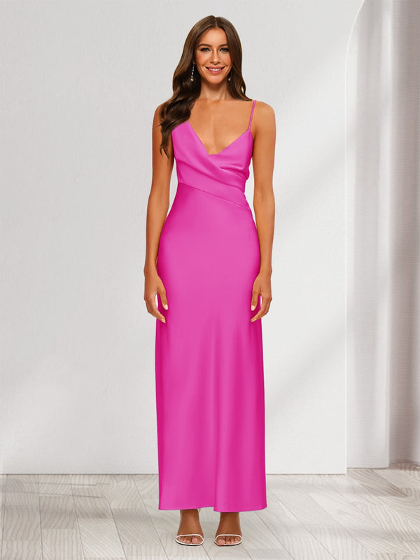 Sheath/Column V-Neck Ruched Ankle-Length Satin Evening Dresses