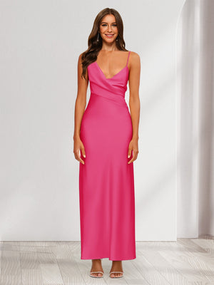 Sheath/Column V-Neck Ruched Ankle-Length Satin Evening Dresses